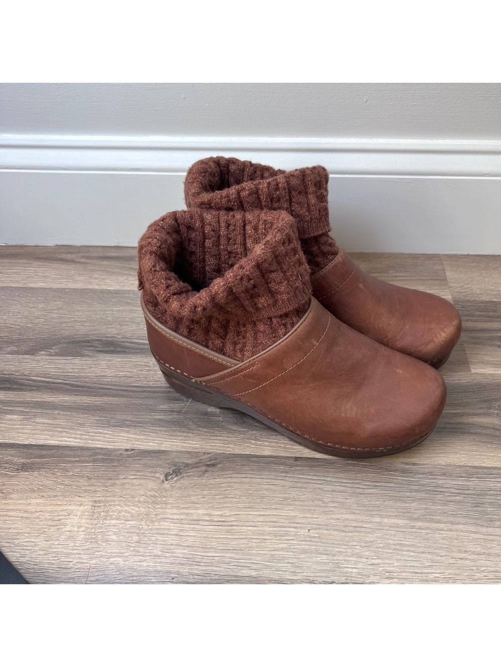 Dansko Brown Leather and Knit Ankle Boots Size 7.5 (38)